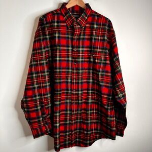 Lands End Mens XL Tall Red Green Plaid Chamois Flannel Button Up Shirt Outdoor
